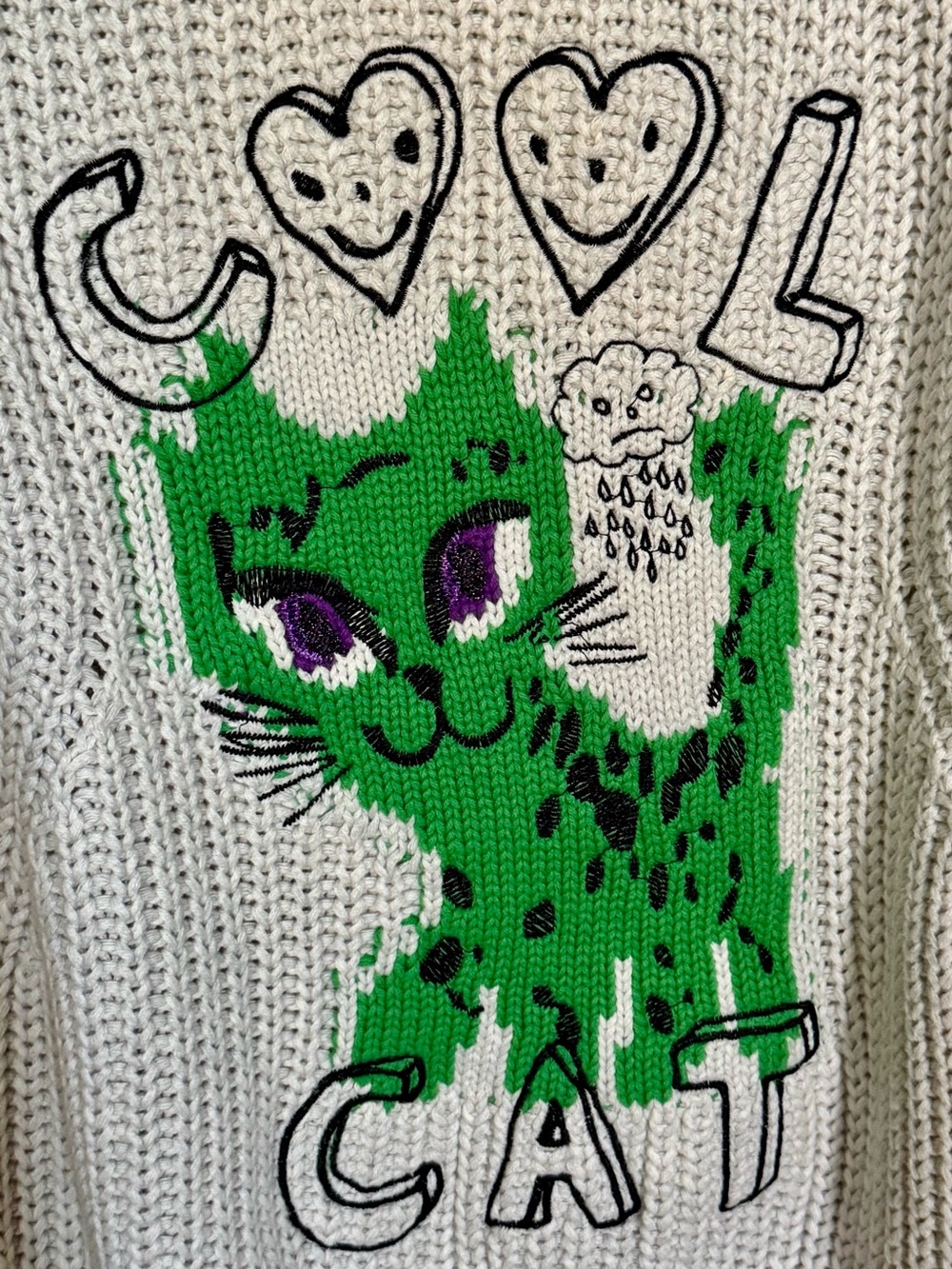 Zadig & Voltaire 100% Cotton Embroidered Cat Graphic Knit Sweater / Size Small